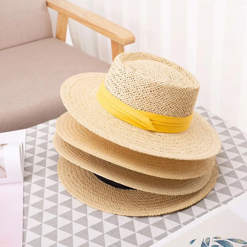 Handmade Paper Straw Boater Hat Wide Brim Sun Protection Summer Beach Vacation Flat Top With Ribbon Bow For Women