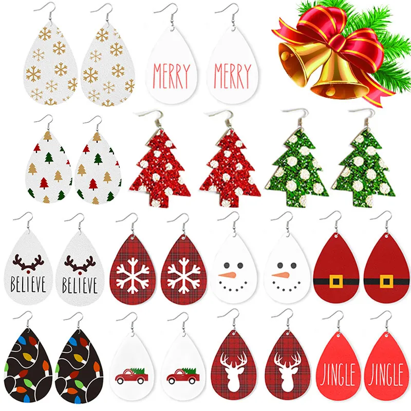 Christmas Teardrop Earrings Faux Leather Printed Snowflake Elk Tree Holiday Party Jewelry For Women Girls Novelty Festive