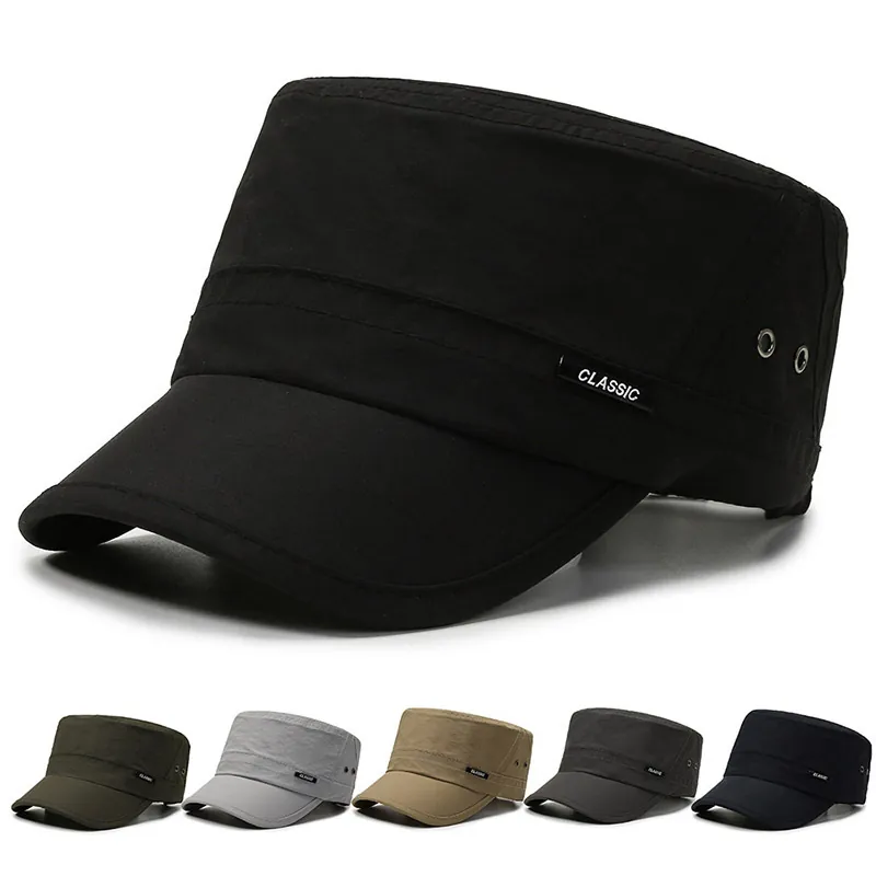 Casquette Cadet Homme Classique Polyester Respirant Chapeau Plat Extérieur Réglable Protection Solaire Style Militaire