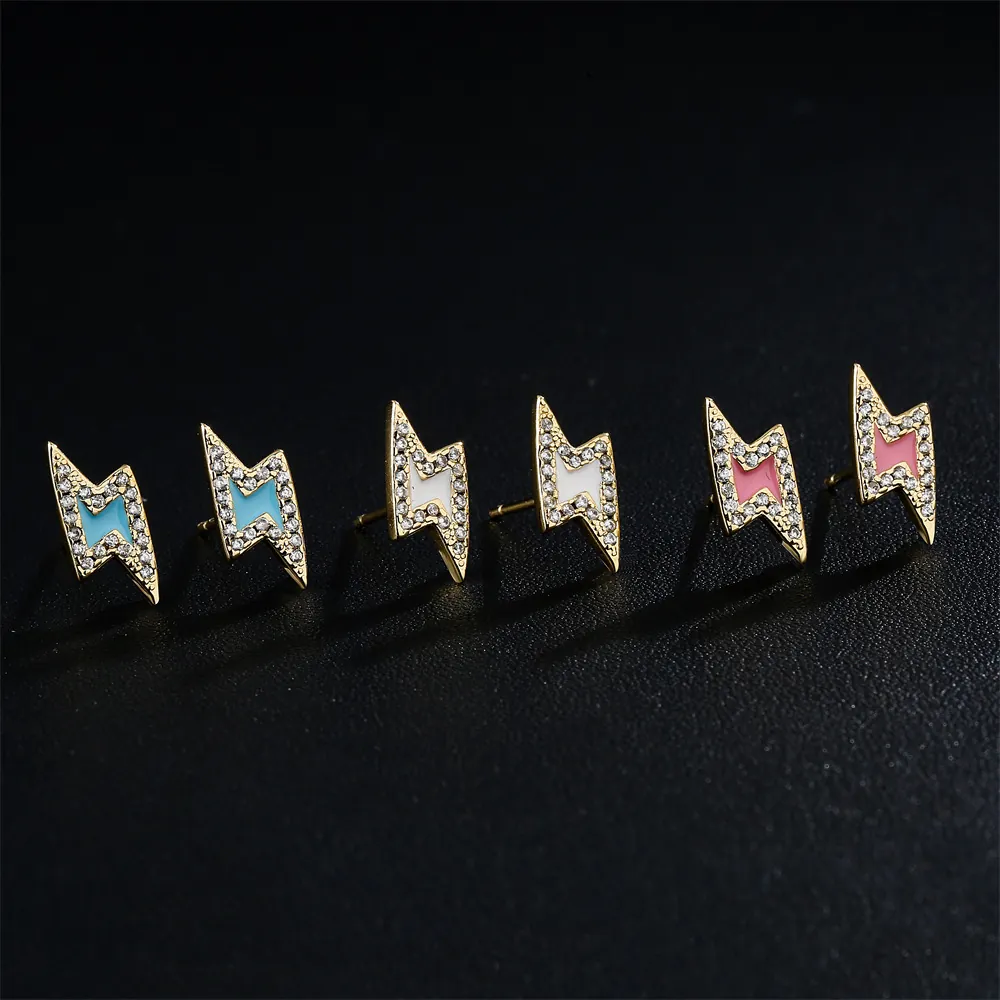 Orecchini A Lobo Fulmine Rame Placcato Oro 18K Zircone Smalto Colorato Gioielli Geometrici Stile INS Per Donne