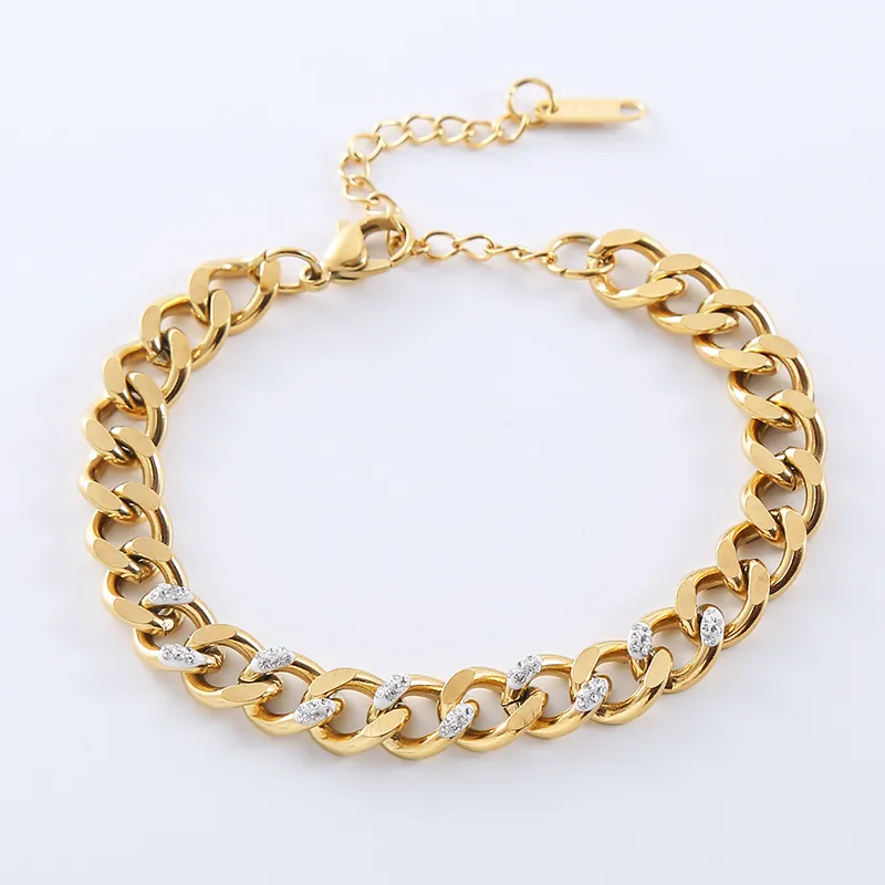 Women 316L Stainless Steel Cuban Link Bracelet With Inlaid Zircon Vintage Versatile 18K Gold Plated Chain Jewelry