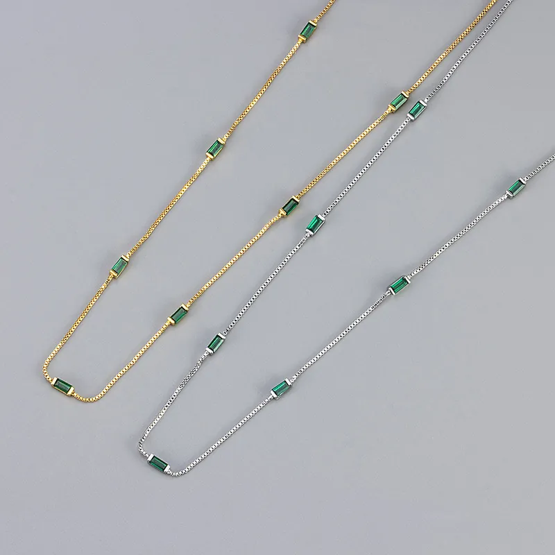 Minimalist Emerald Zircon Necklace Baguette Cut Green Gemstone Copper Dainty Box Chain Jewelry For Women