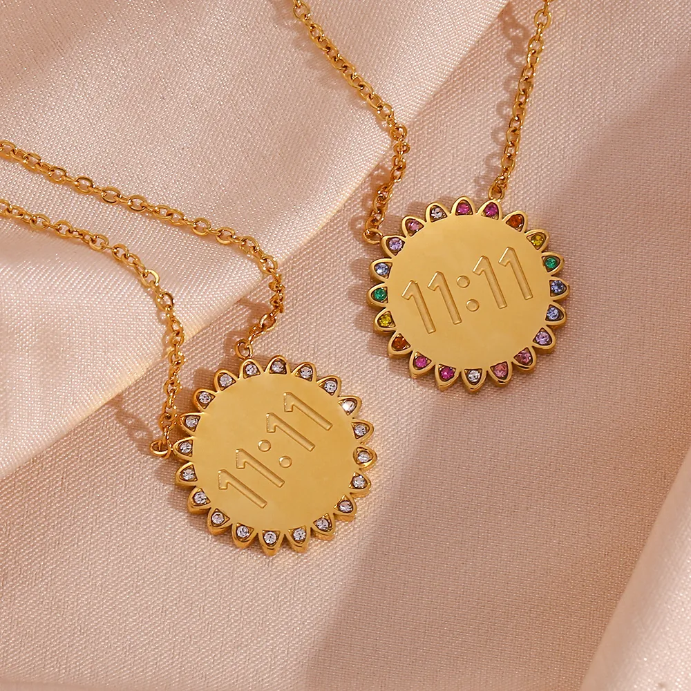 Stainless Steel 11:11 Angel Number Sunflower Pendant Necklace Gold Plated Rhinestone Minimalist Commuting Jewelry For Women