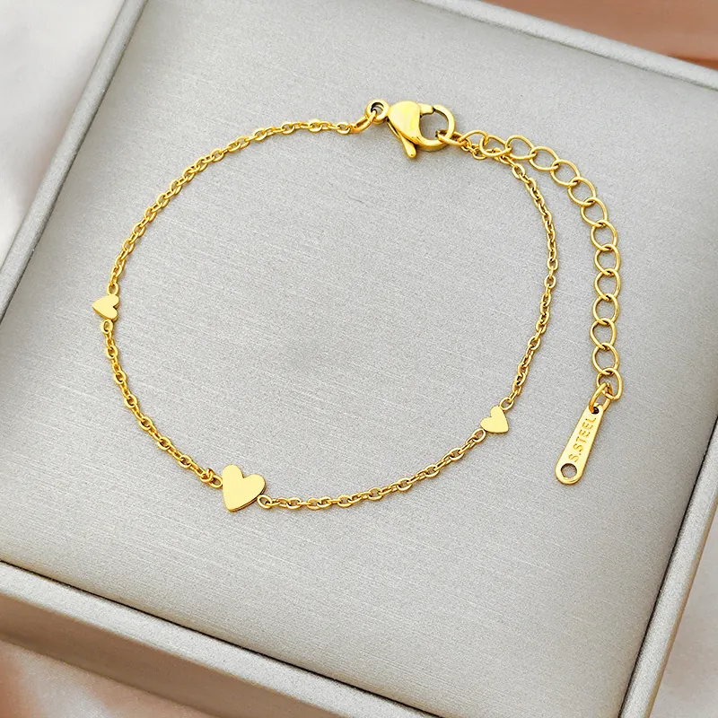 Stainless Steel Triple Heart Charm Bracelet Gold Plated Dainty Minimalist Adjustable Chain Jewelry For Women Girls