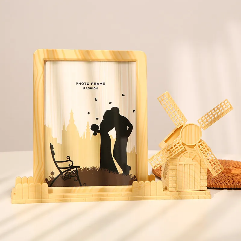Cadre Photo Créatif Moulin À Vent Grande Roue Porte-Stylo De Bureau Ornement Grain De Bois Plastique Rangement Papeterie