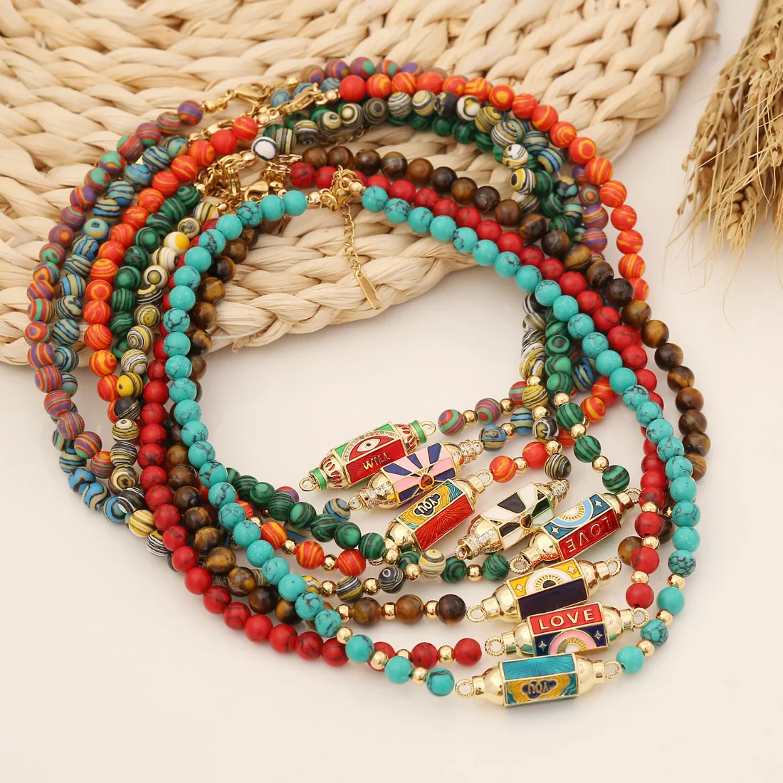 Evil Eye Pendant Necklace Vintage Beaded Copper Synthetic Malachite Turquoise Stainless Steel Bohemian Jewelry For Women