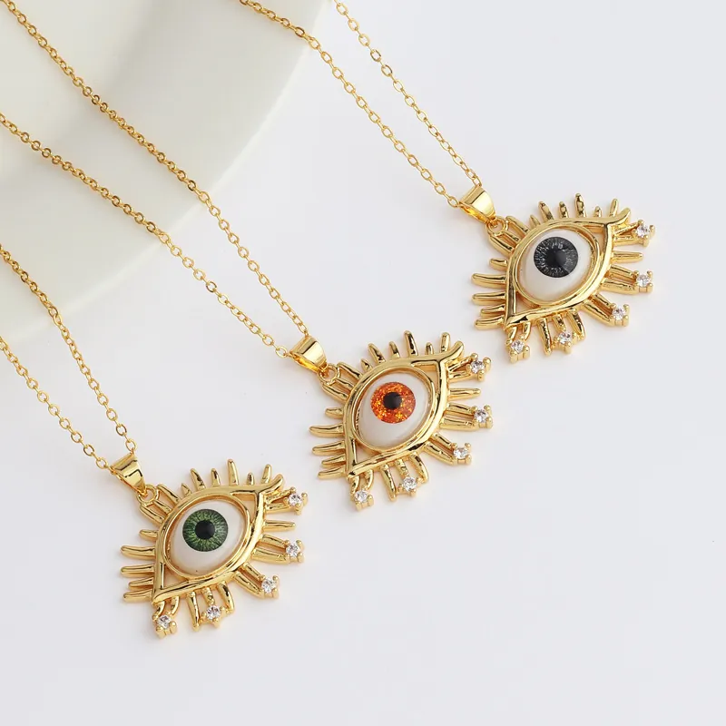 Evil Eye Anhänger Halskette Kupfer Echtgold Vergoldet Zirkonia Wimperndesign Trendiger Schmuck Für Damen