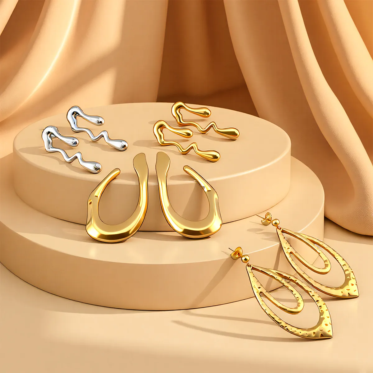 304 Stainless Steel Geometric Drop Earrings Hollow Out Hammered Teardrop Liquid Metal Style Modern Fashion Accessories For Women