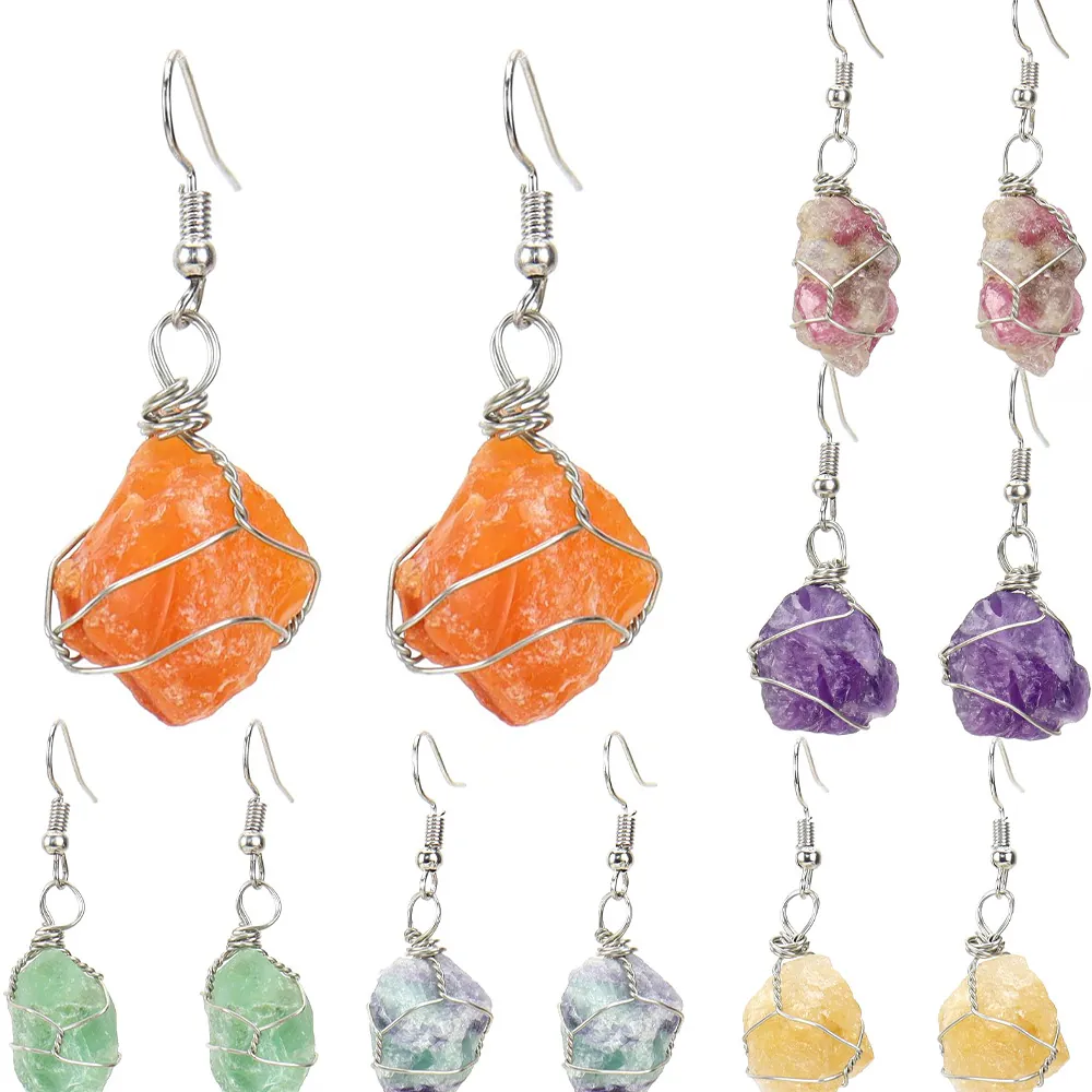 Handmade Natural Raw Stone Wire Wrapped Drop Earrings Crystal Agate Bohemian Vintage Jewelry For Women