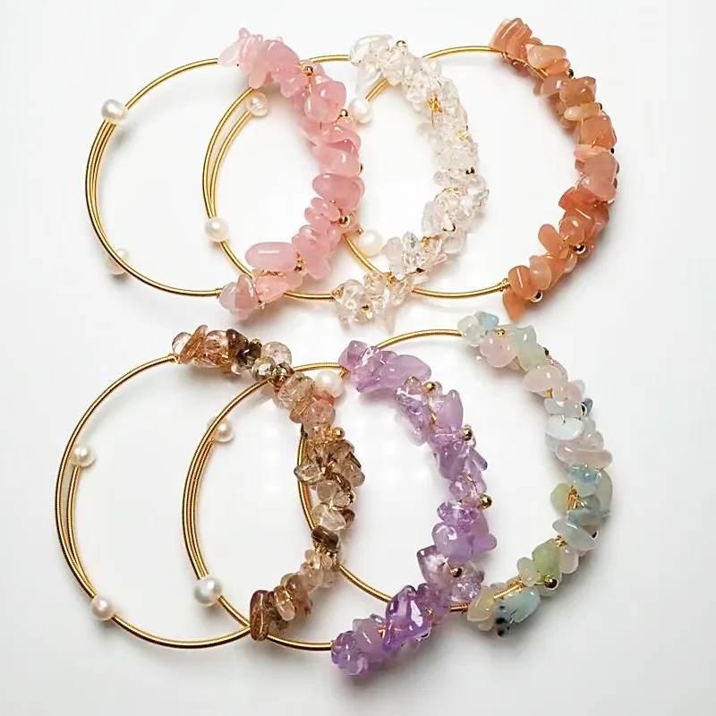 Natural Crystal Chips Open Cuff Bracelet With Freshwater Pearl Handmade Wire Wrapped Bohemian Jewelry For Women