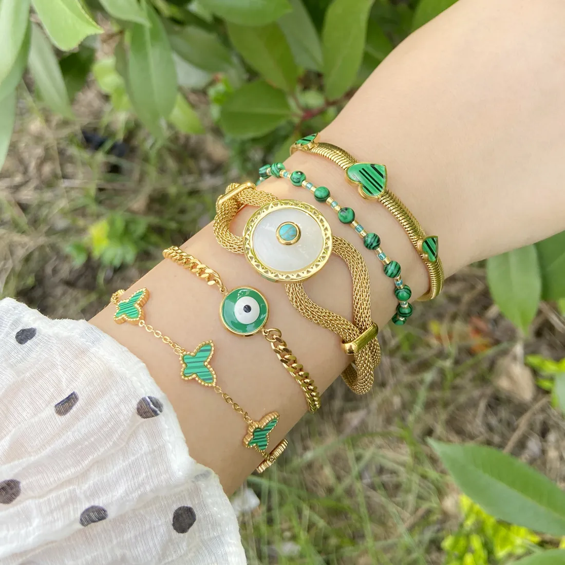 Bracelet Femme Mode Malachite Vert Acier Inoxydable Cœur Papillon Mauvais Œil Charme Ajustable Bijoux Bohème