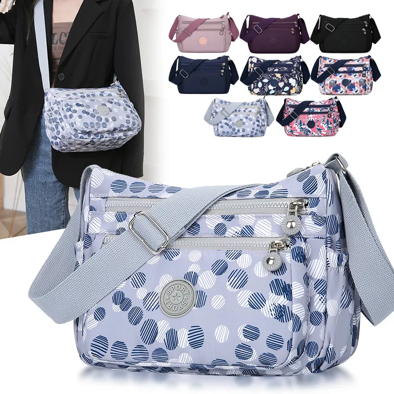 Women Nylon Crossbody Bag Waterproof Multi-Pocket Shoulder Bag Travel Purse Adjustable Strap Printed Casual Lightweight