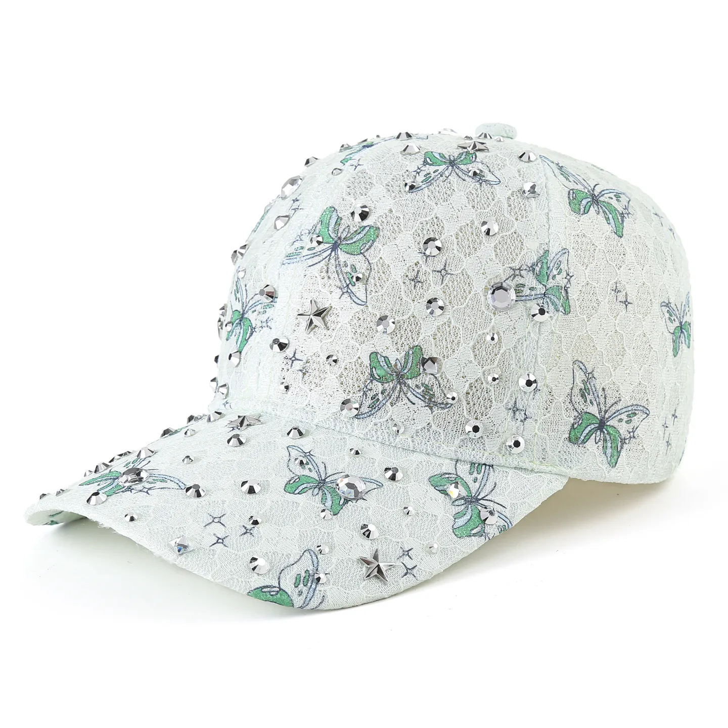 Women Lace Baseball Cap Butterfly Print Rhinestone Star Rivet Breathable Sunshade Adjustable Hat
