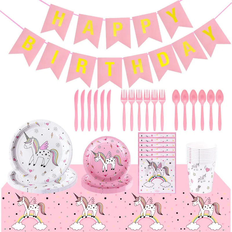 Fournitures Fête Anniversaire Licorne Décoration Table Rose Arc En Ciel Papier Plastique Jetable Pailles Estampage Or