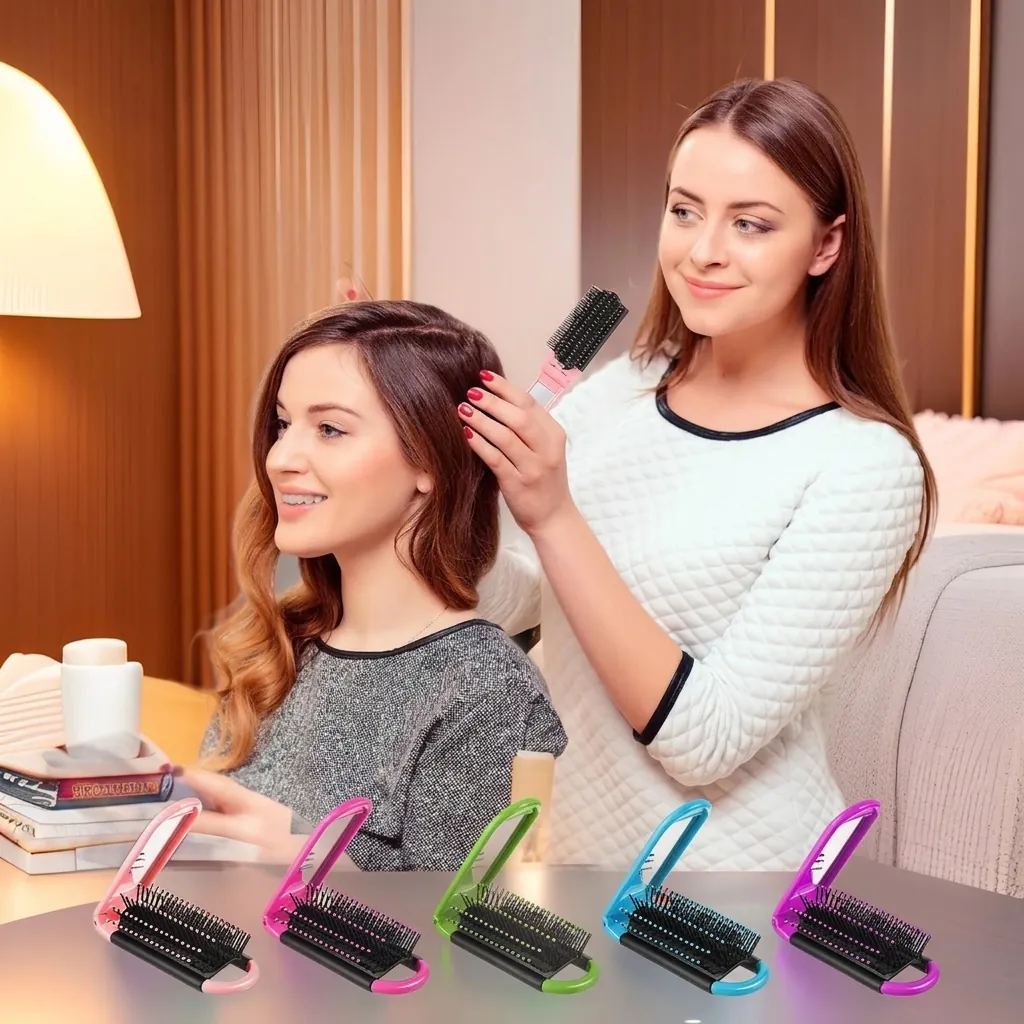 Portable Foldable Hair Comb With Mirror Mini Travel Massage Hairbrush Nylon Bristles PP Plastic For Women Kids