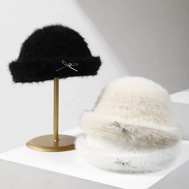 Plush Bucket Hat Faux Rabbit Fur Metal Bow Autumn Winter Warm French Retro Elegant For Women