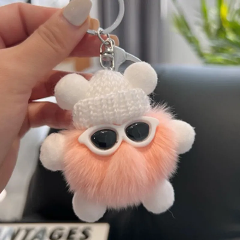 Porte-Clés Monstre En Peluche Avec Bonnet En Tricot Et Lunettes De Soleil Fausse Fourrure Charme De Sac Pour Clés De Voiture Sac À Dos