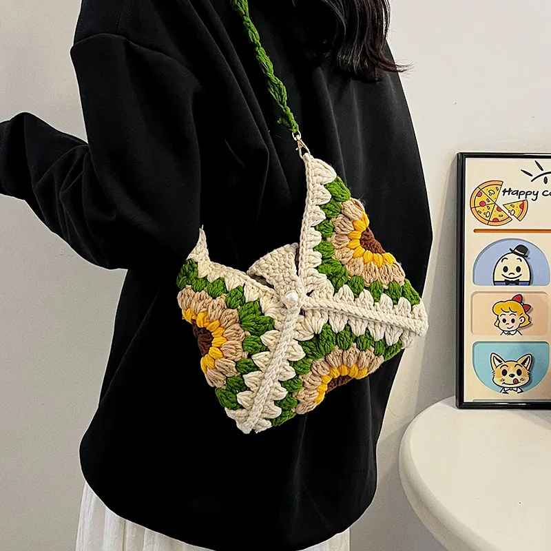 Sunflower Handmade Crochet Shoulder Bag Yarn Grandmother Square Floral Knit Crossbody Bag Retro Artificial Pearl Button Aesthetic Women