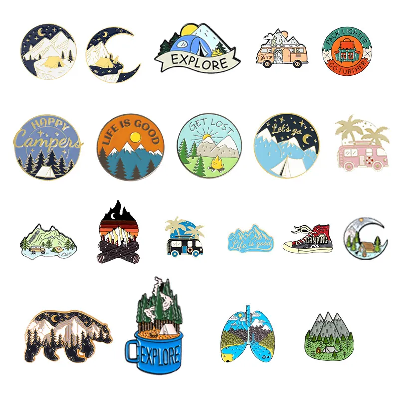 Outdoor Camping Enamel Pin Brooch Zinc Alloy Metal Badge Mountain Landscape Pattern For Backpack Clothing Decor