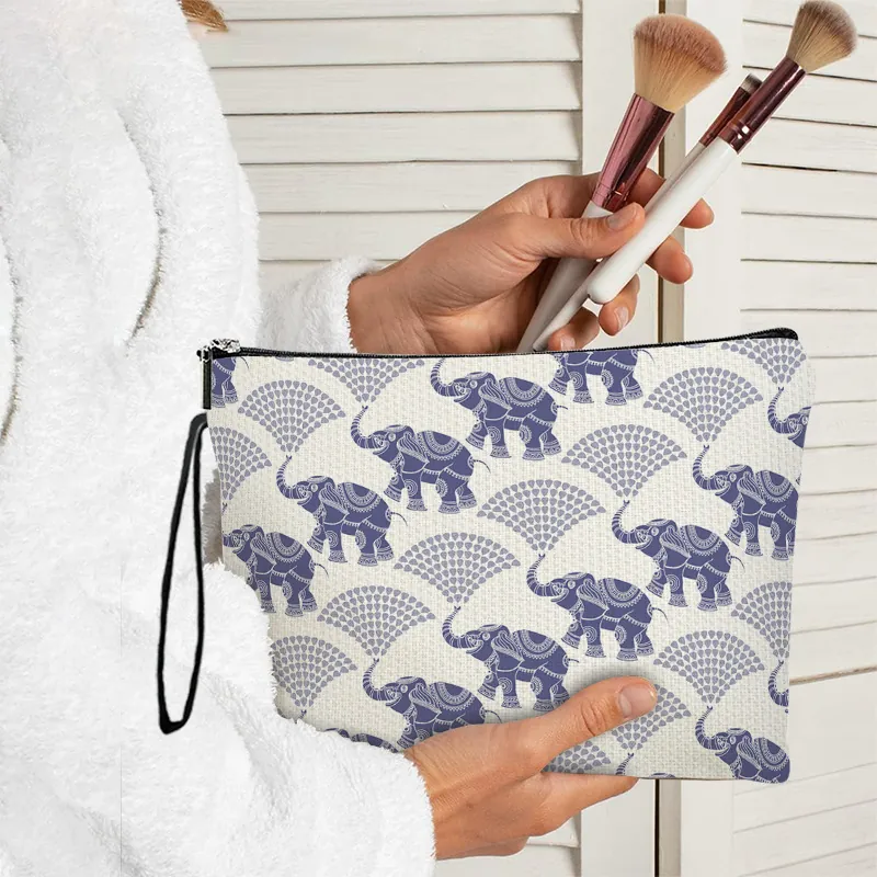 Elefantenmuster Make-up Tasche Leinentextur Reißverschluss Kosmetikbeutel Mit Handschlaufe Tragbarer Reise Kulturbeutel Boho Stil