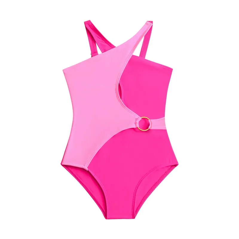 Girls One Piece Swimsuit Color Block Cutout Waist With Gold Metal Ring Decor High Elastic Beachwear Nylon Swimwear