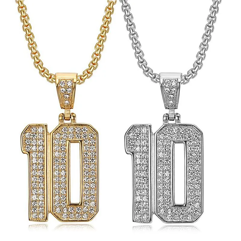 Hip Hop Number 10 Pendant Necklace Stainless Steel Iced Out Rhinestone Gold Plated Bling Jewelry For Men Women