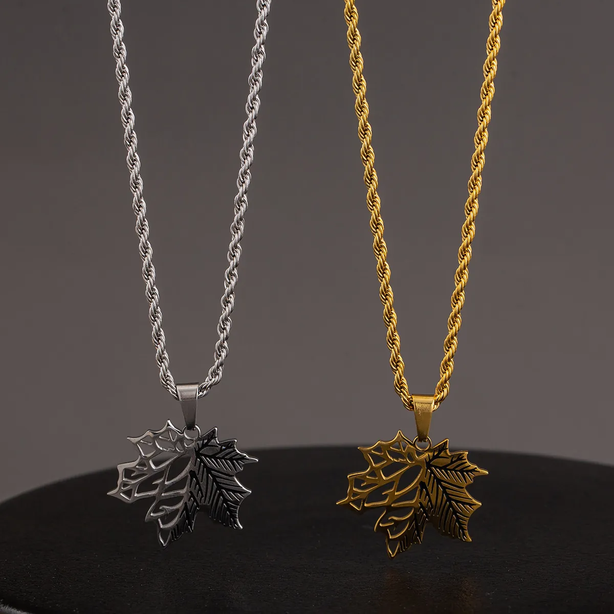 Collar Colgante Hoja De Arce Acero Inoxidable Diseño Hueco Cadena De Cuerda Joyería De Moda Para Hombres Mujeres
