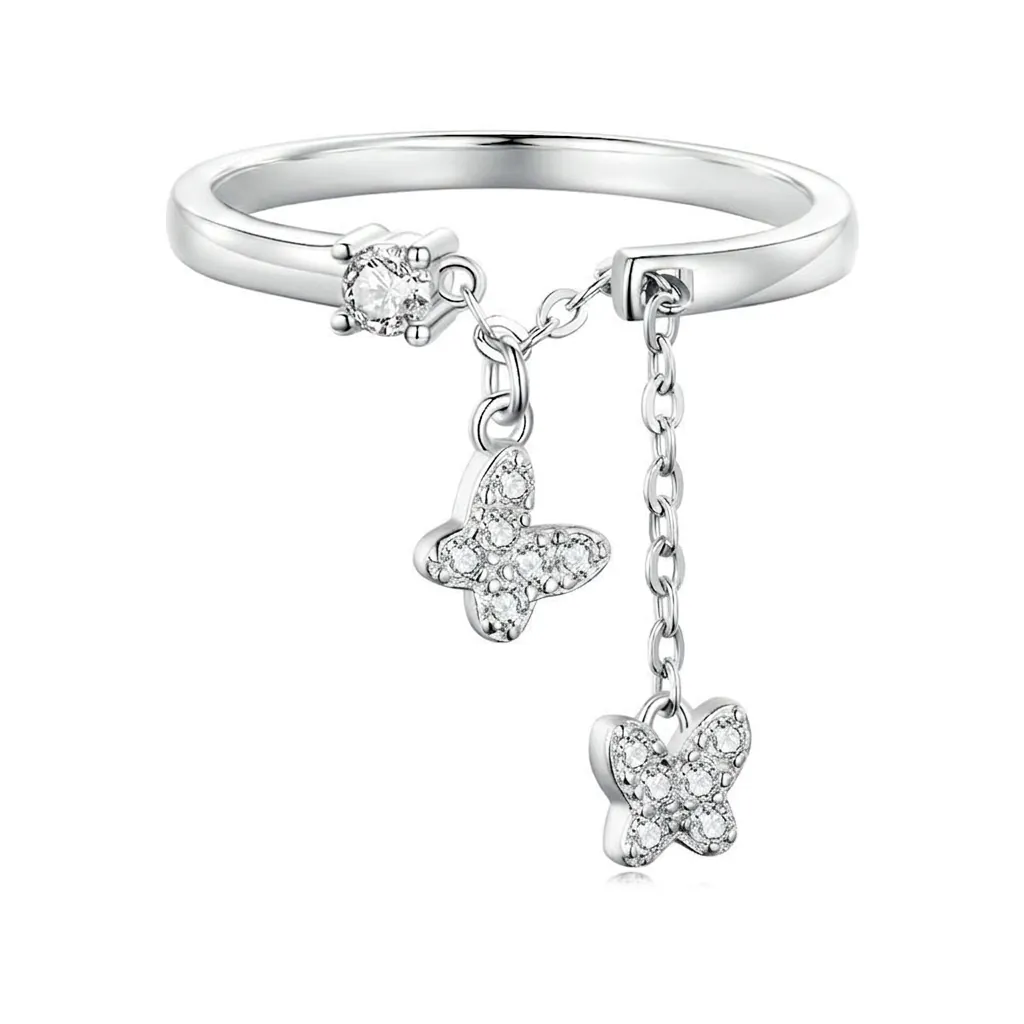 Luxury 925 Sterling Silver Butterfly Chain Open Ring For Women Adjustable Zirconia Finger Jewelry Gift Fashion Ring