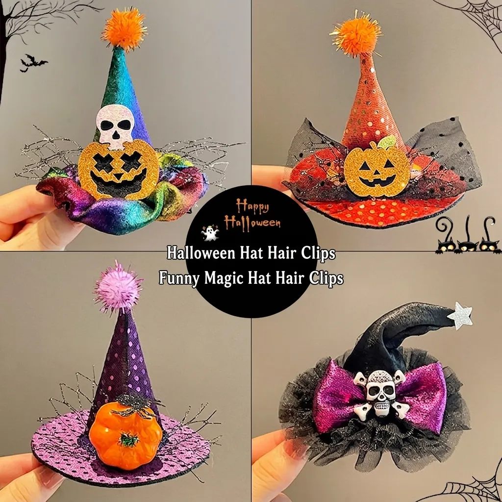 Halloween Hair Clips Witch Hat Pumpkin Skull Sequin Mesh Felt Novelty Party Headwear For Girls