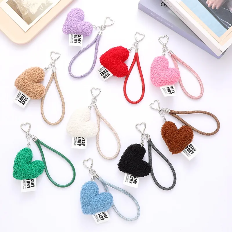 Fashion Plush Heart Keychain Cute Denim Soft Bag Charm Handmade Heart Shape Pendant Accessory For Women Girls Key Ring Gift