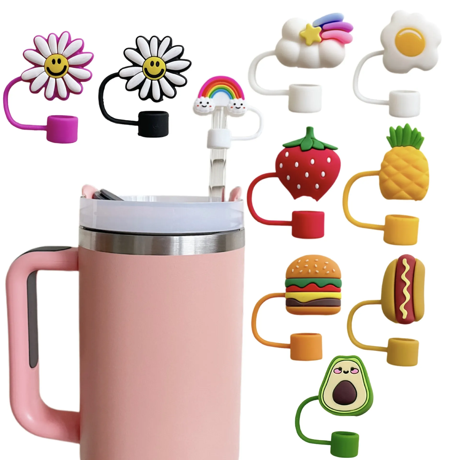 Cartoon Silicone Straw Covers Cap Dust Plug For Tumblers Reusable Decorative Drinking Straw Topper Fruit Flower Animal