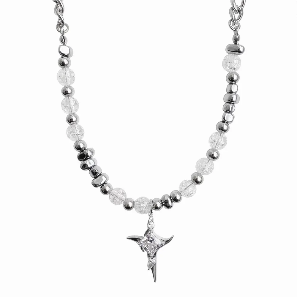 Cross Pendant Necklace Stainless Steel Alloy Beaded Chain Ice Crack Hematite Irregular Star Jewelry For Men Women