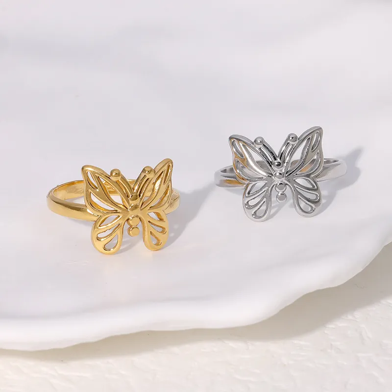 Hohl Schmetterling Offener Ring Edelstahl 18K Vergoldet Verstellbar Elegant Süß Modeschmuck Für Frauen
