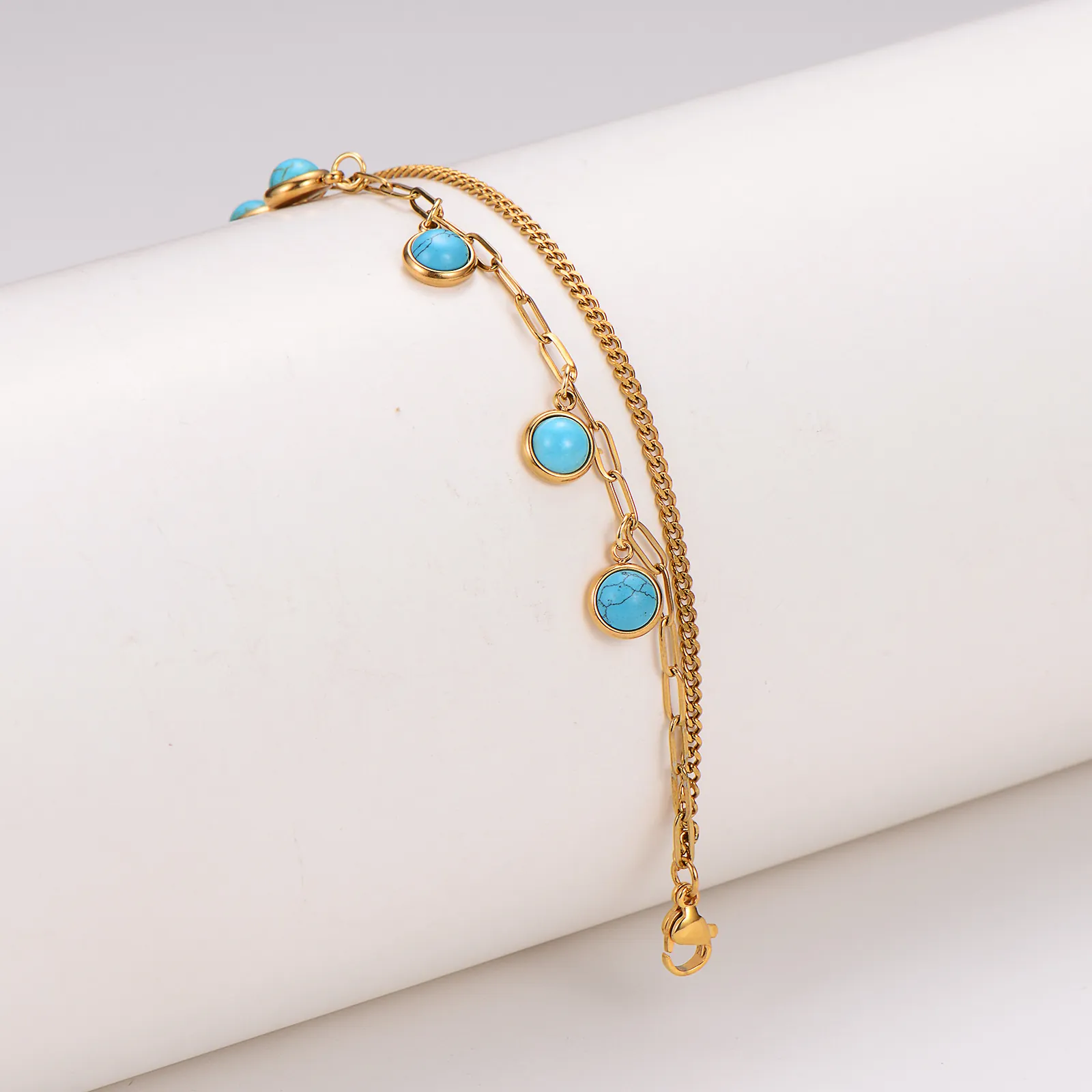 Double Layered Bracelet Gold Plated 304 Stainless Steel With Round Turquoise Beads Bohemian Jewelry For Women