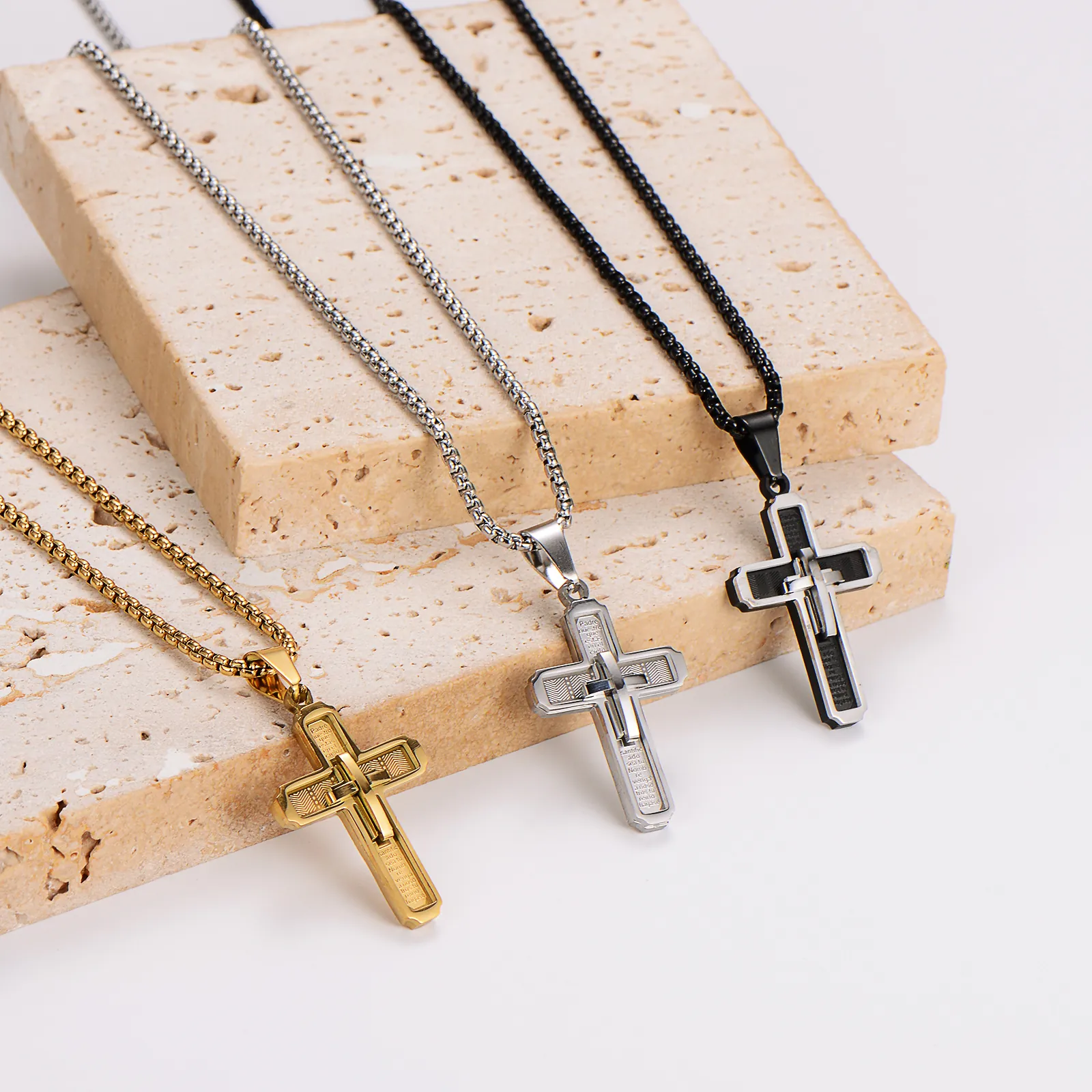 Cross Pendant Necklace 304 Stainless Steel Spanish Lord Prayer Engraved Double Layer Punk Hip Hop Jewelry For Men