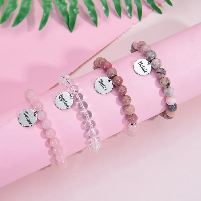 Natural Stone Beaded Bracelet With Stainless Steel Round Disc Pendant Elastic Handmade Jewelry For Men And Women
