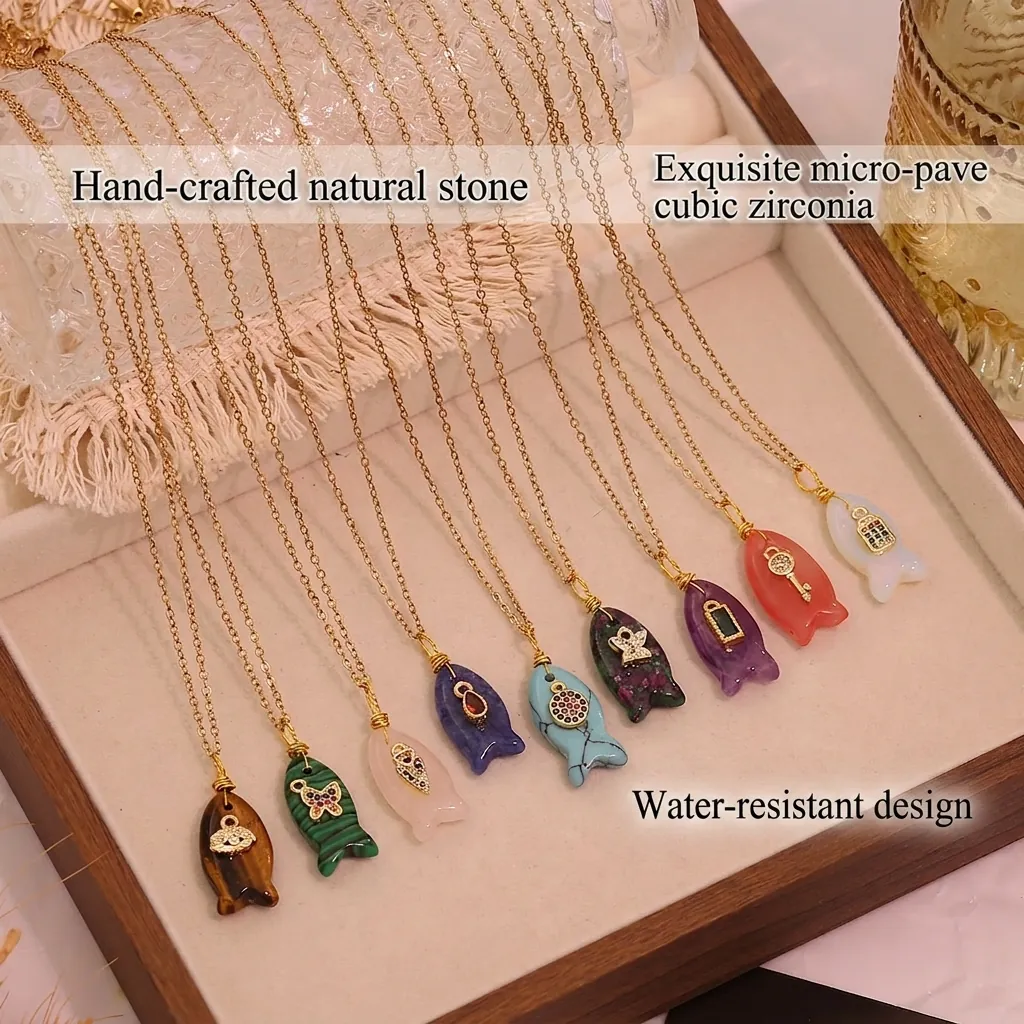 Süße Fisch Anhänger Halskette Naturstein Edelstahl Vergoldet Zirkon Inlay Vintage Schmuck Für Damen