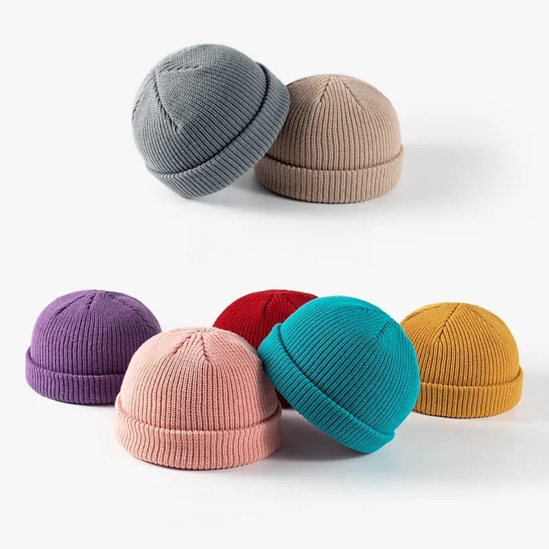 Unisex Acrylic Knit Beanie Hat Warm Winter Cuffed Docker Cap Ribbed Solid Color Stretchy Fashion Headwear