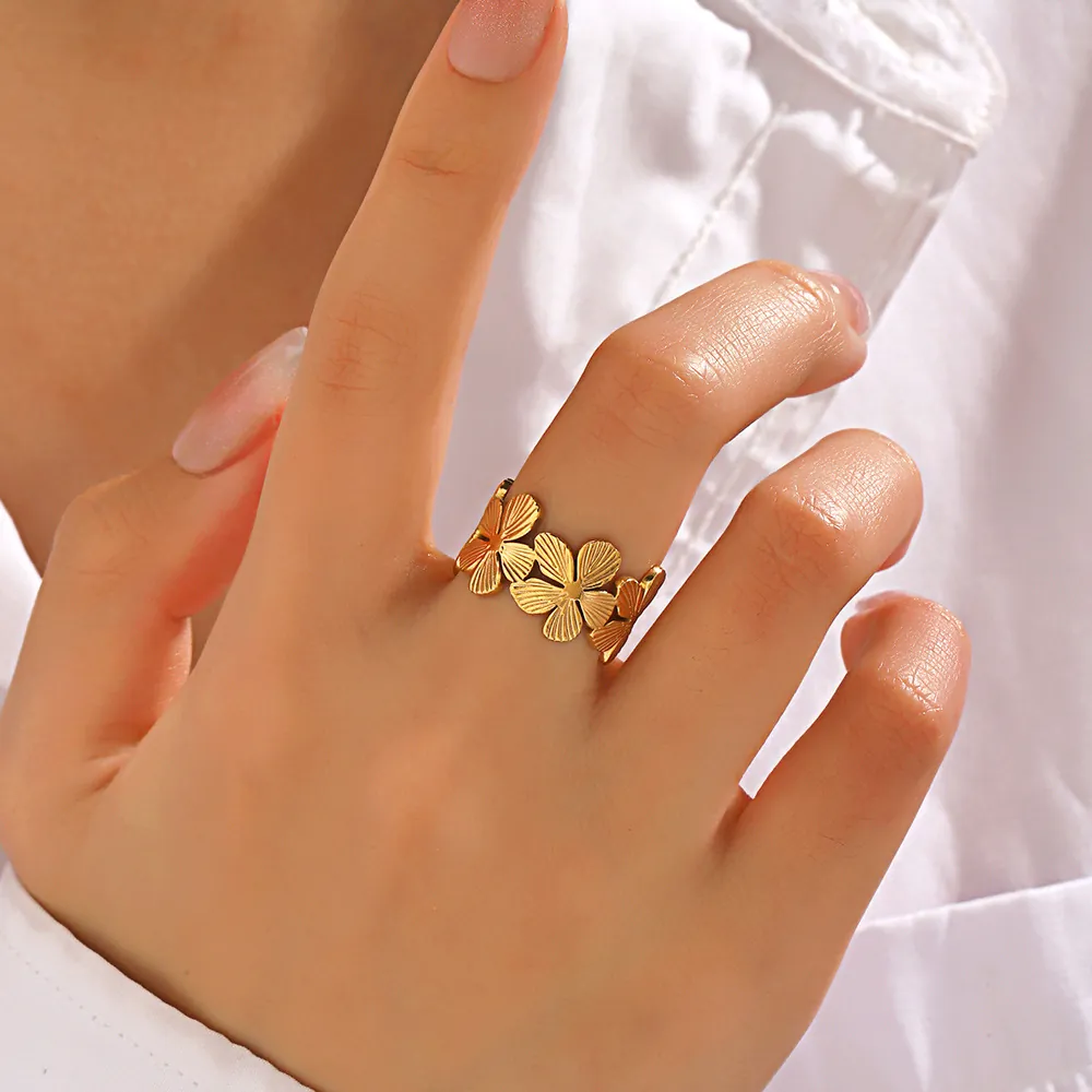 Bague Fleur En Acier Inoxydable Réglable Rétro Français Floral Ajouré Plaqué Or 18K Brossé Bijoux Pour Femmes