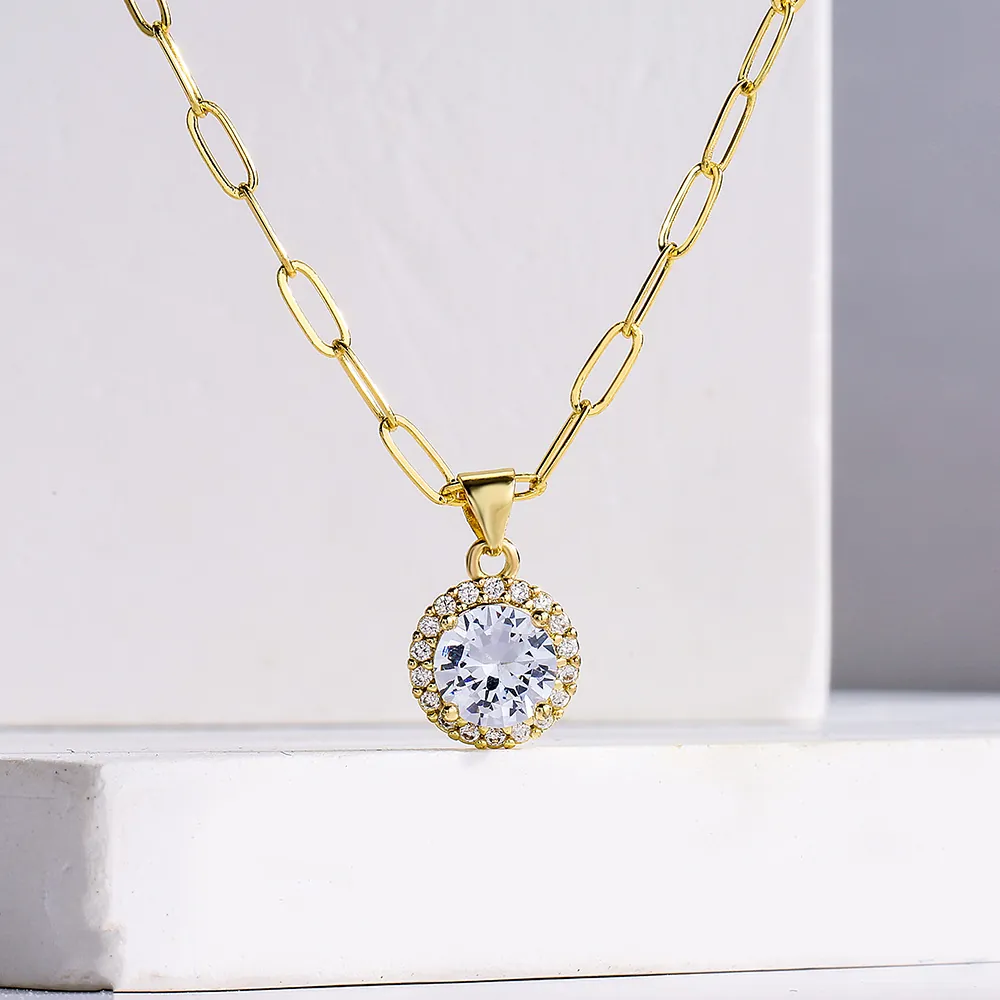 Collana Con Pendente Halo Tondo In Zircone Placcato Oro 18K Rame Catena A Graffetta Squisiti Gioielli Geometrici Per Donna Ins
