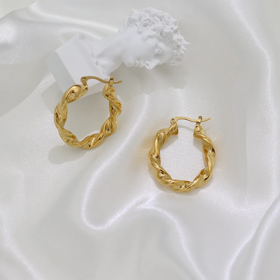 Boucles Oreilles Créoles Torsadées Acier Inoxydable Plaqué Or 18K Style Vintage Français Bijoux Pour Femmes