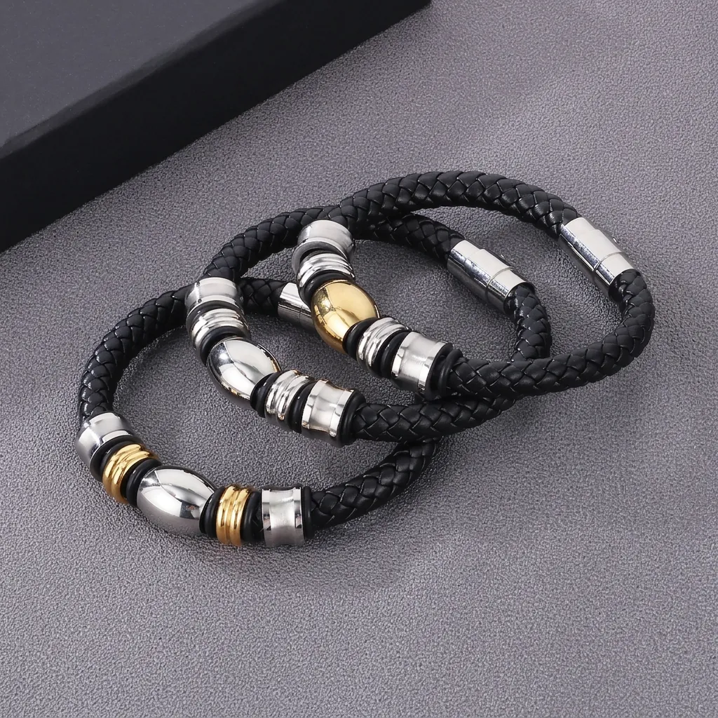 Bracelet Et Collier En Cuir De Vachette Tressé Pour Hommes Avec Fermoir Magnétique En Acier Inoxydable Bijoux De Mode Décontractés