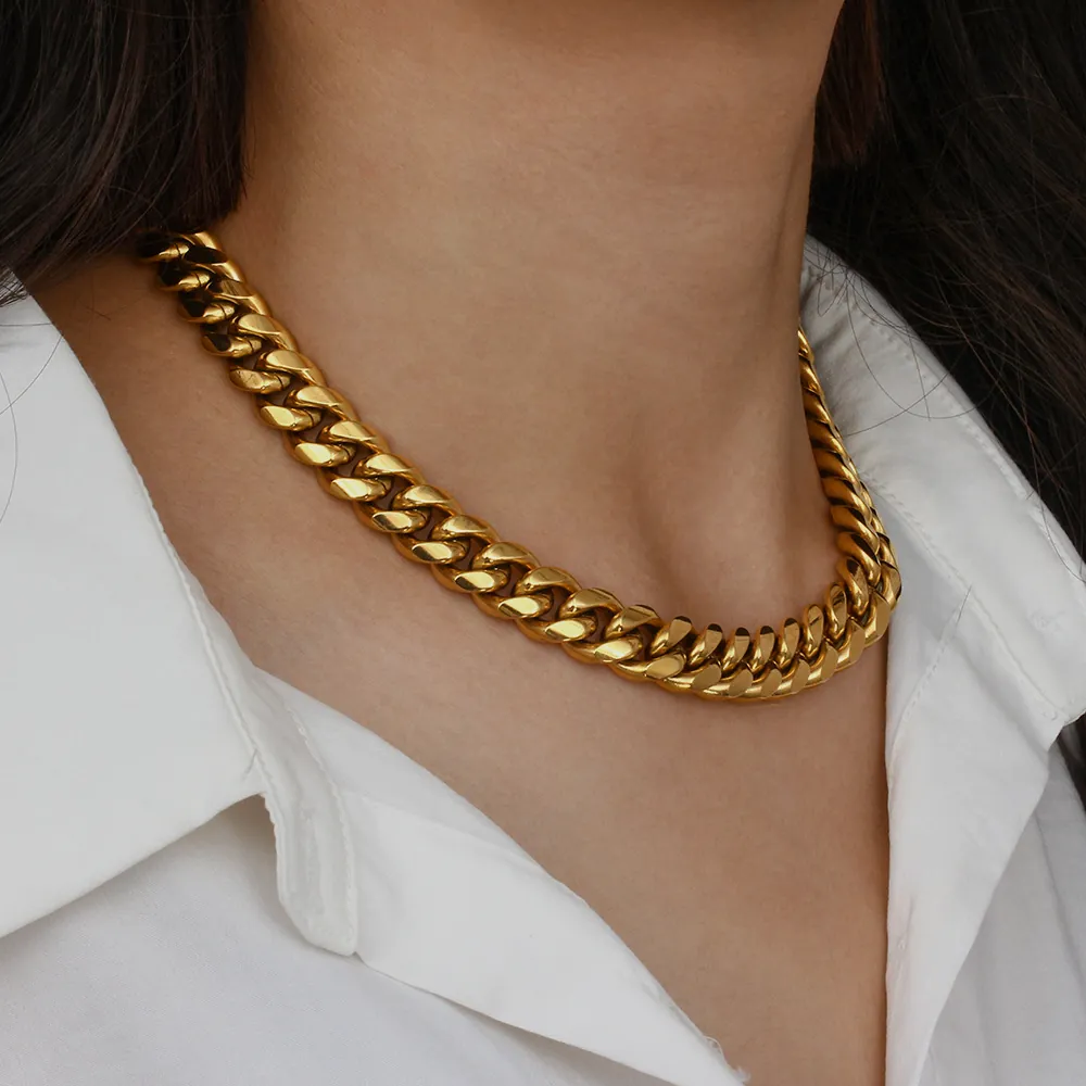 Trendy Stainless Steel Cuban Link Necklace For Women Gold Plated Chunky Chain Hip Hop Punk Geometric Neck Jewelry Gift