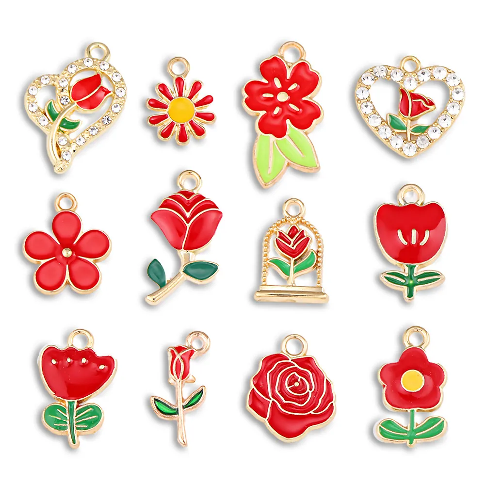 Flower Rose Tulip Heart Charms Pendants Alloy Enamel Rhinestone For DIY Jewelry Making Earring Bracelet Red Gold