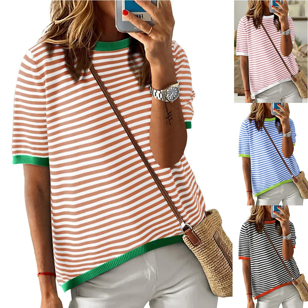 Women Striped Short Sleeve Knitted Sweater Contrast Trim Round Neck Casual Pullover Knitwear Summer Fashion Top