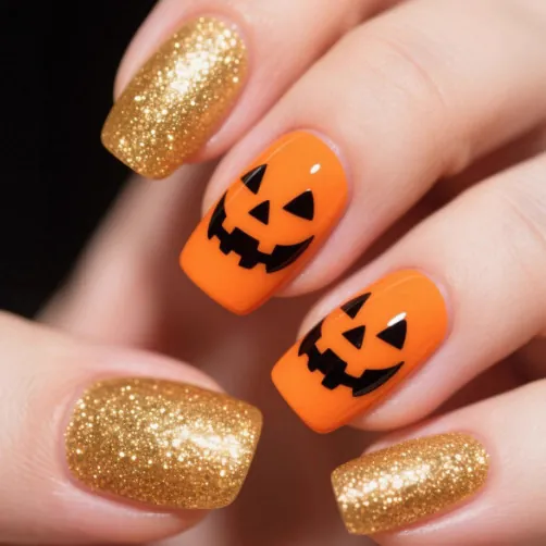 Unghie Finte Halloween Arancione Viso Zucca Glitter Oro Quadrate Medie Unghie In ABS Per Donne