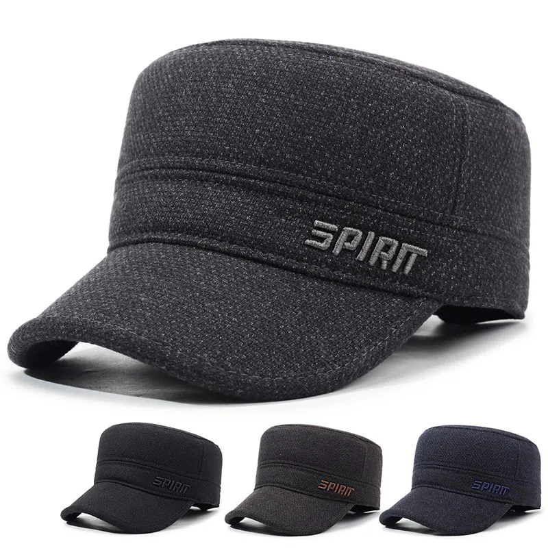 Cotton Warm Cadet Cap For Men Winter Windproof Flat Top Hat With Ear Protection Embroidery Spirit Pattern For Elderly Father