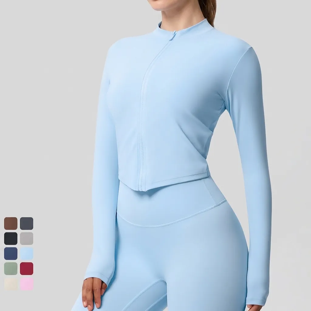 Veste de Yoga Slim Fit pour Femme Col Montant Fermeture Éclair Complète Haut d'Entraînement Manches Longues Vêtements de Sport Avec Trous de Pouce