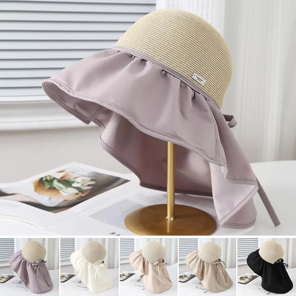 Straw Patchwork Sun Hat Wide Brim Neck Protection Bow Decor Foldable Breathable Fisherman Cap For Women Beach Travel