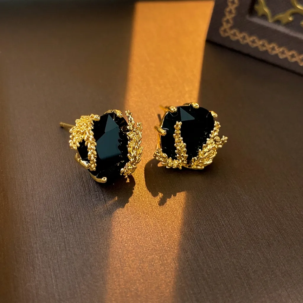 Boucles Oreilles Clous Carrées Rétro Avec Tige En Argent Sterling 925 Cuivre Plaqué Or Strass Noir Blé Bijoux Femmes